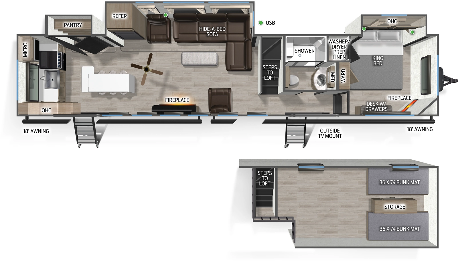 The Cascade 39ALC floorplan has two entries and three slide outs. Exterior features include: metal exterior and 18' & 18' awning. Interiors features include: loft, rear kitchen, kitchen island and front bedroom.